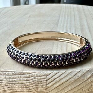 VTG Hinged Clamper‎ Bracelet Size 6.5 Dark Purple Rhinestone Gold Tone Elegant
